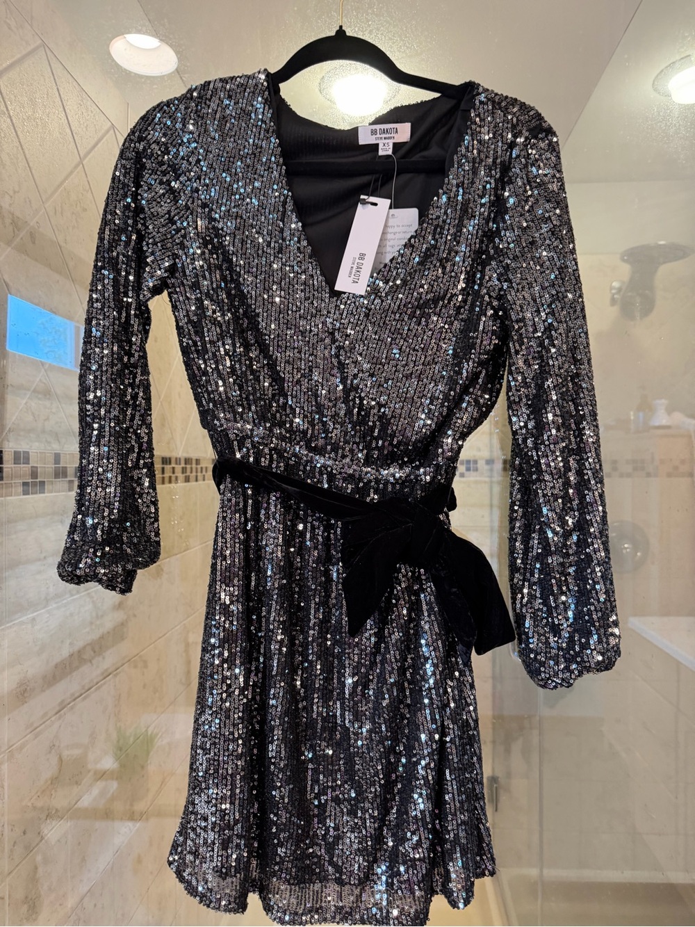 BB Dakota Black Sequin Wrap Dress with Velvet Tie